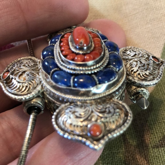 VINTAGE Etched Sterling Silver 925 Orange Blue stones Serpentine Chain Southwest - Picture 10 of 16